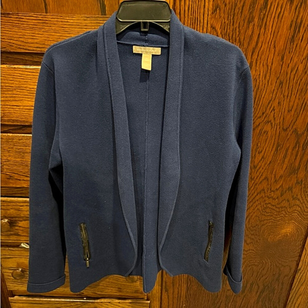 Blue Knit Open Front Cardigan Sweater Zip Pockets